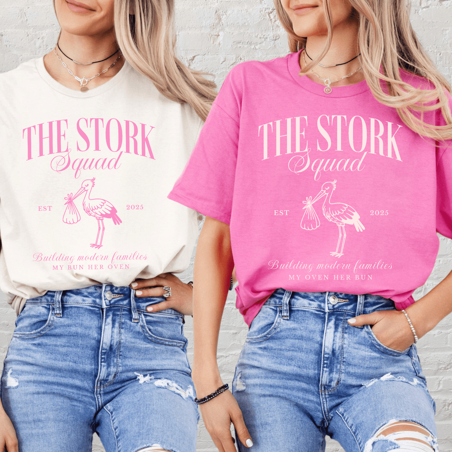 Matching Surrogacy Announcement Tee featuring two women wearing pink and cream The Stork Squad shirts by Maddy and George Designs