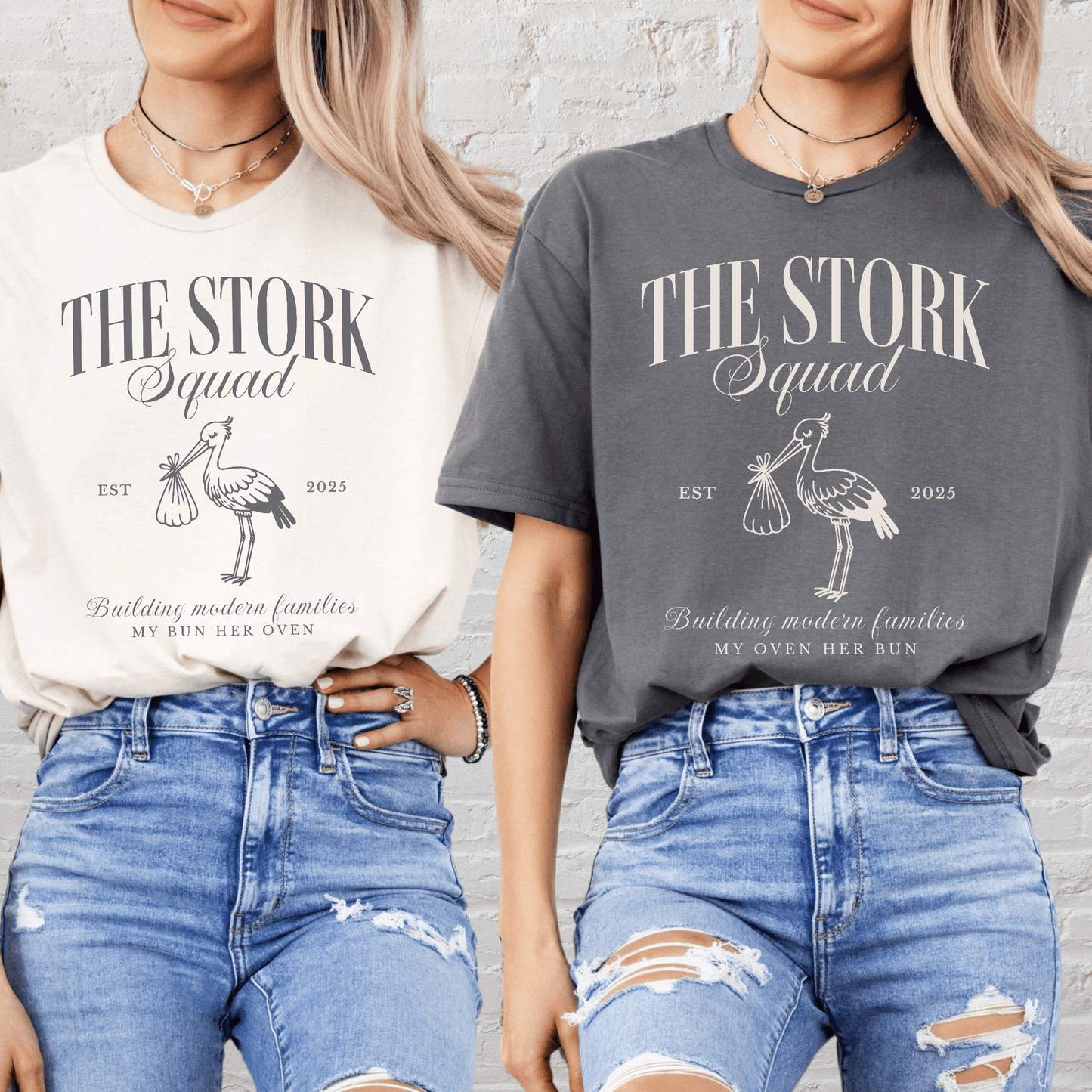 Two women wearing Matching Surrogacy Announcement Tee with stork graphic in cream and charcoal gray
