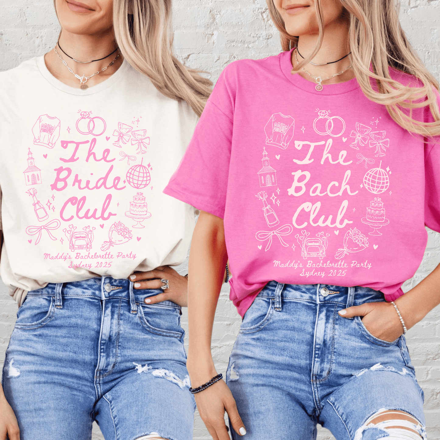 Girls Gone Mild Bachelorette Shirt two women wearing matching pink and white tees by Maddy and George Designs