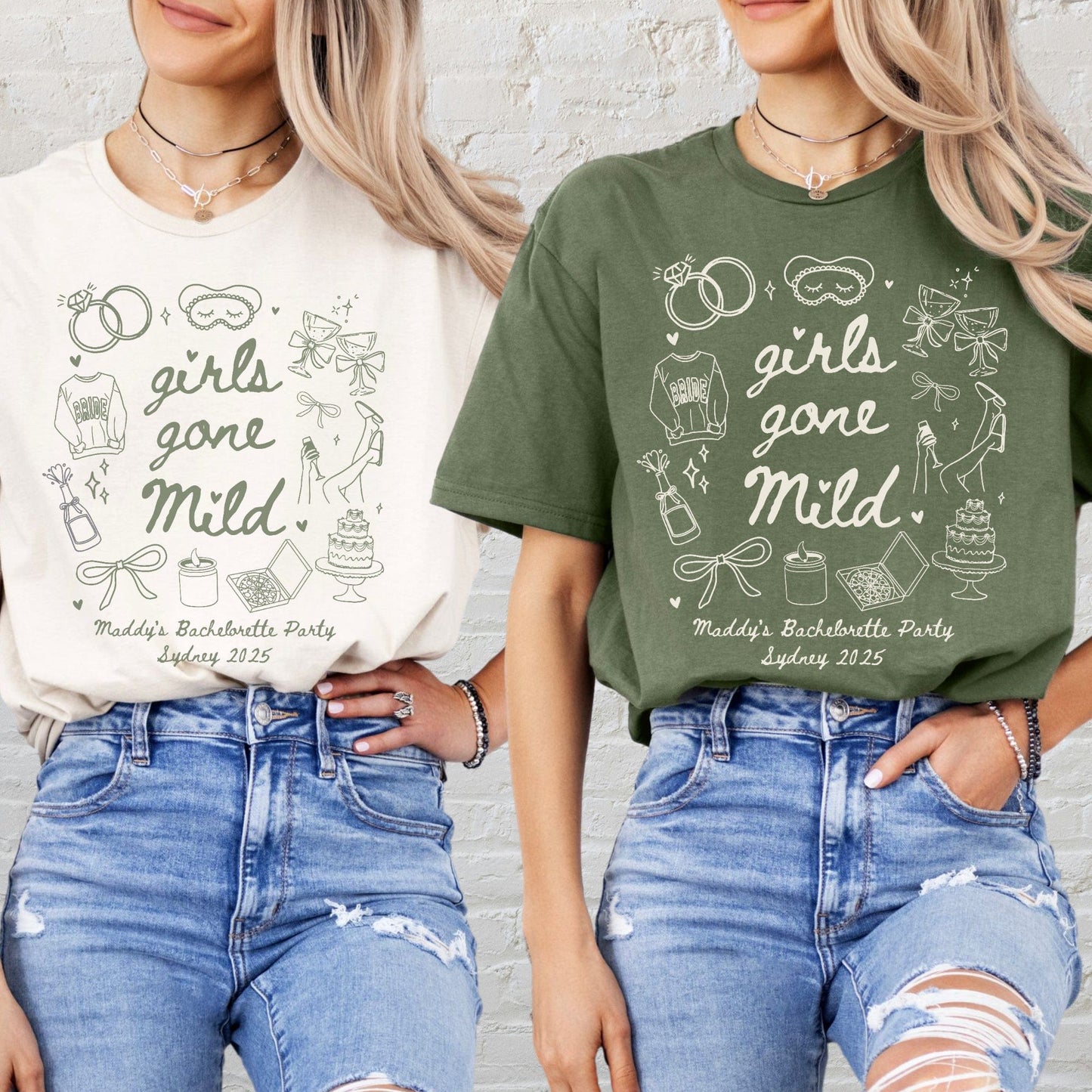 Maddy and George Designs Girls Gone Mild Bachelorette Shirt showing two women wearing cream and olive graphic tees