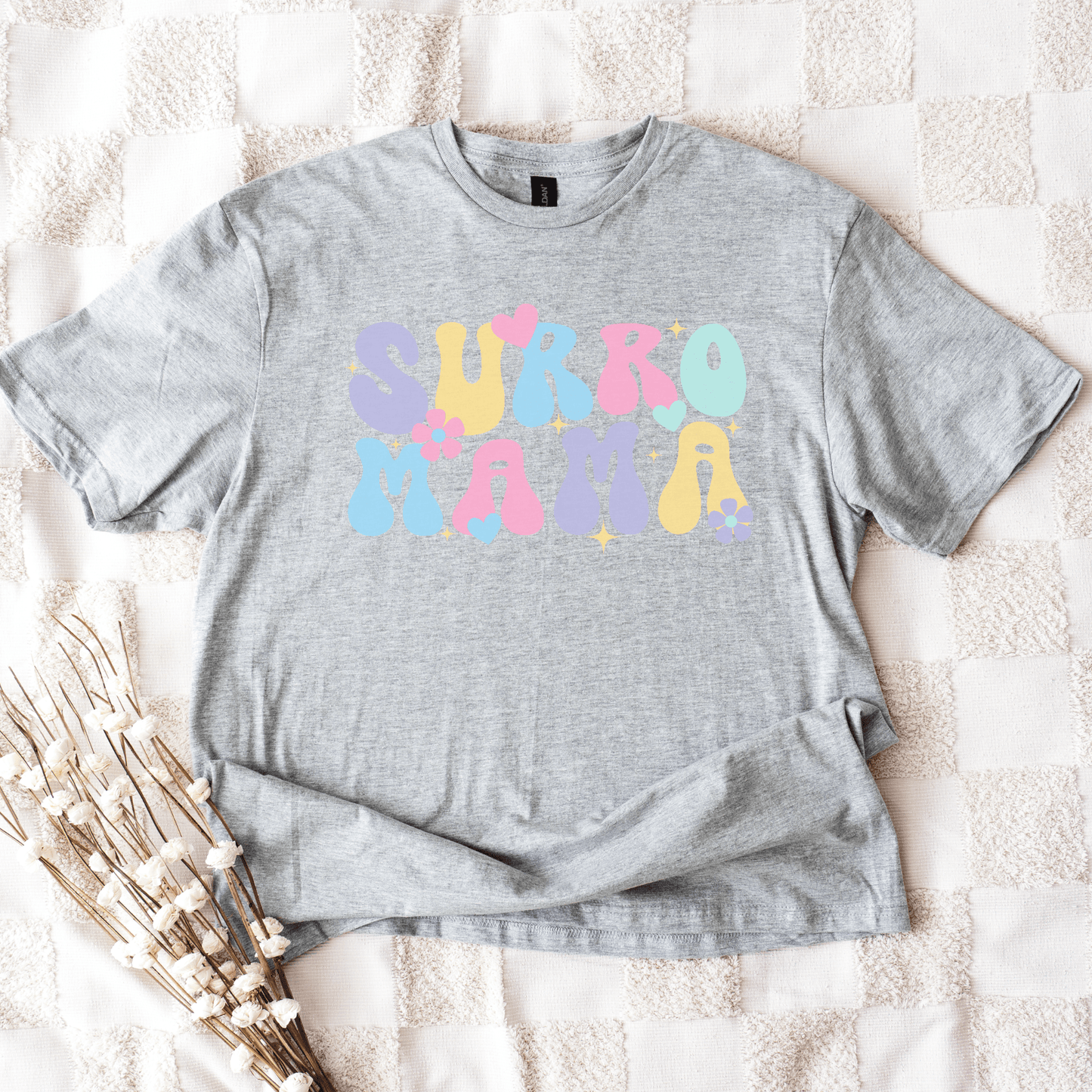 Gray cotton t shirt with pastel groovy bubble letters hearts and flowers Cute Surrogate Mama Shirt