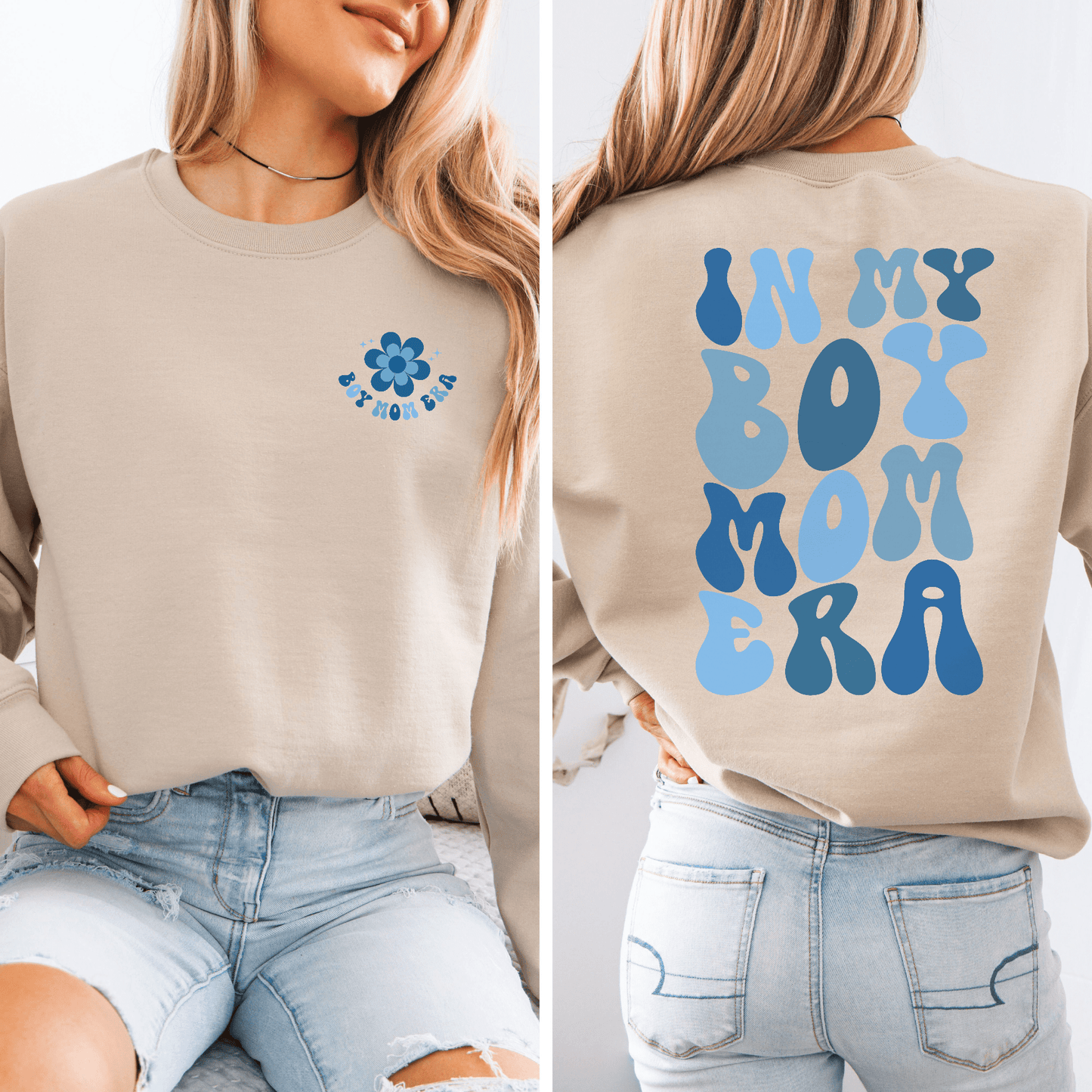 Beige crewneck sweatshirt with small blue flower front logo and bold retro blue back print reading In My Boy Mom Era Sweatshirt