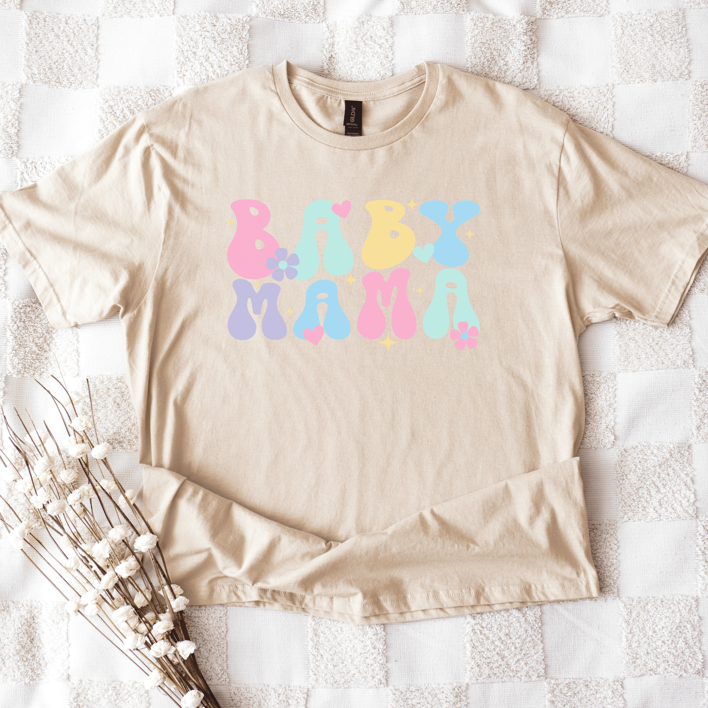 Maddy and George Designs Cute Baby Mama Shirt beige tee with pastel bubble letters hearts and flowers