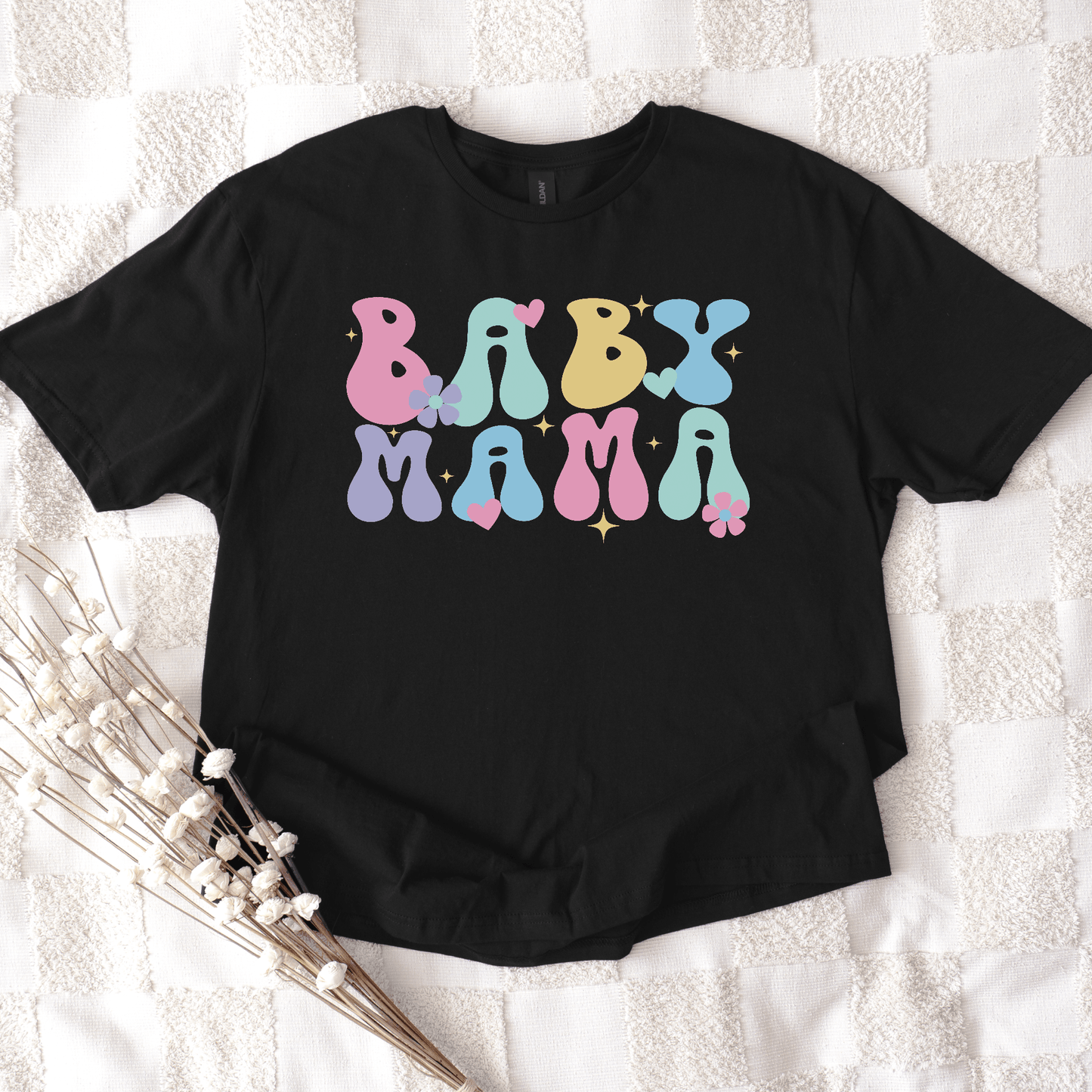 Cute Baby Mama Shirt black tee with pastel retro bubble letters hearts flowers stars