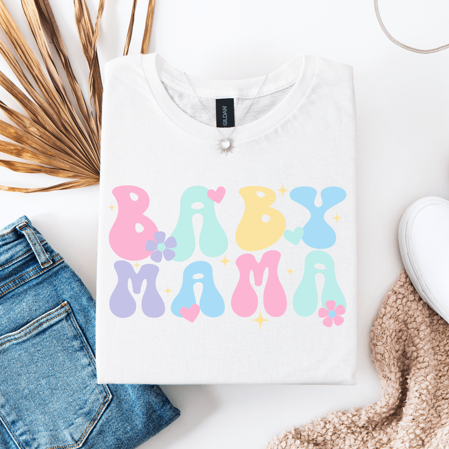 Cute Baby Mama Shirt by Maddy and George Designs white tee with pastel bubble letters ideal for new moms