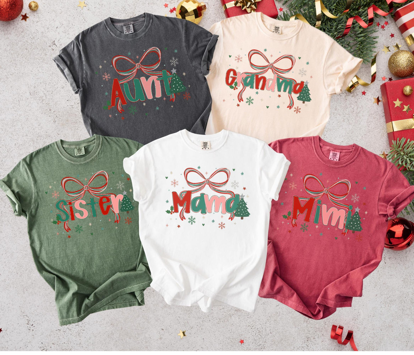 Custom Preppy Christmas Family Shirt set of five named holiday tees Aunt Grandma Sister Mama Mim with bow and tree