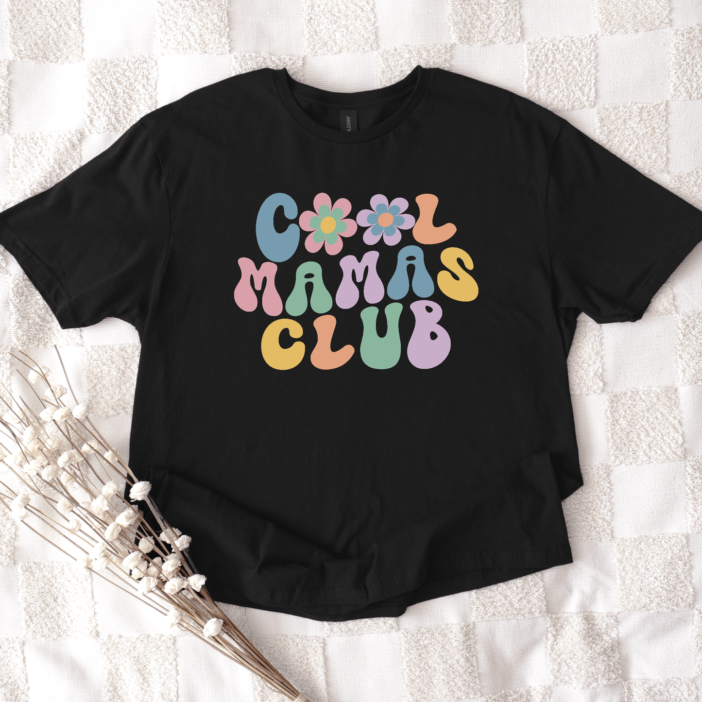 Cool Mamas Club Shirt black tee with retro pastel bubble letters and floral accents by Maddy and George Designs