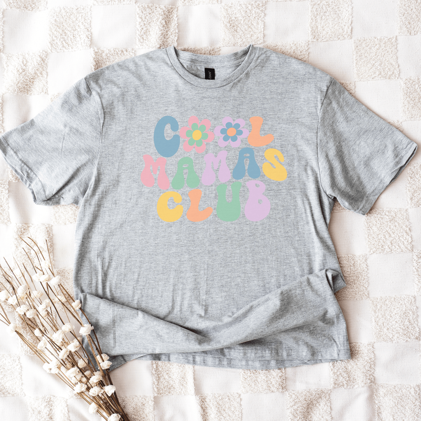 Maddy and George Designs Cool Mamas Club Shirt gray unisex tee with pastel retro bubble letters and flowers