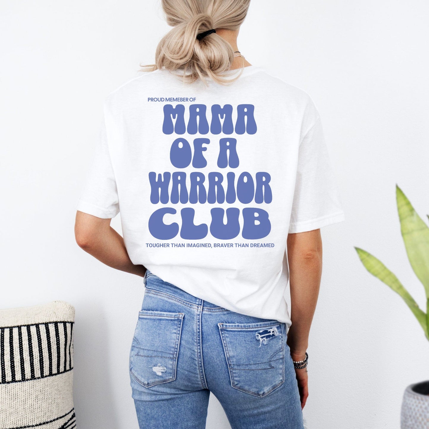 Maddy and George Designs white t shirt with blue retro back print Mama of a Warrior Club Shirt worn by model