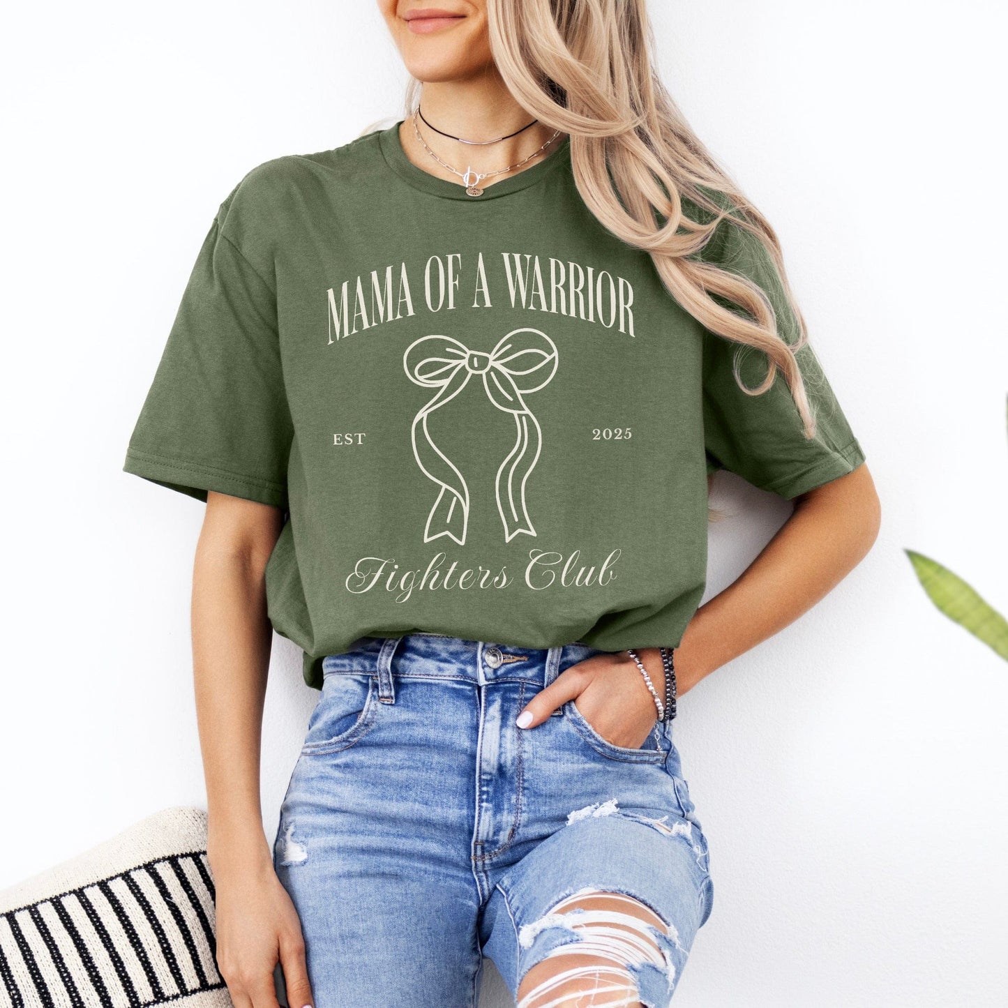 Medical Mama Gift olive green Mama of a Warrior printed tee by Maddy and George Designs