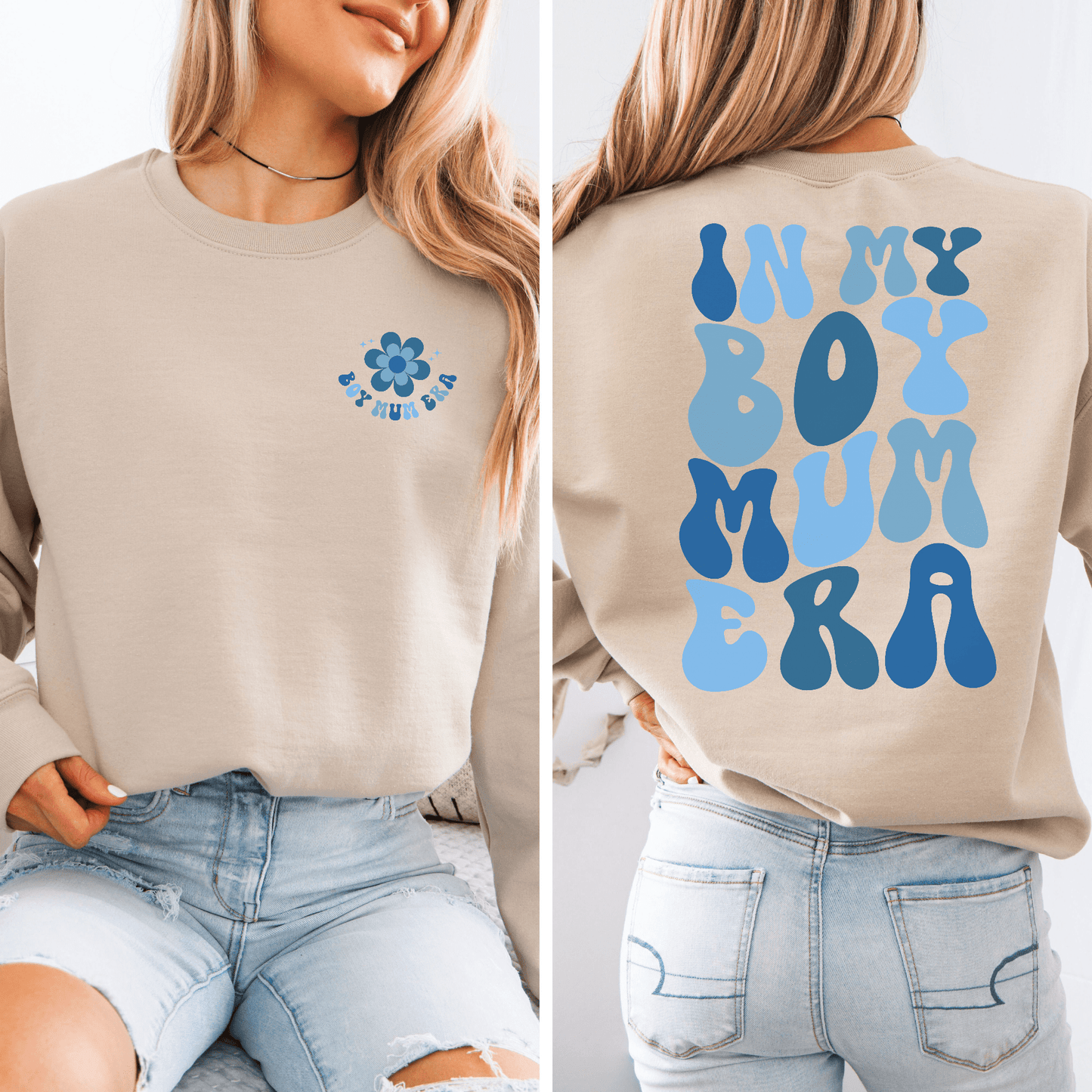 Beige relaxed crewneck sweatshirt with blue retro back print and front flower logo In My Boy Mum Era Sweatshirt