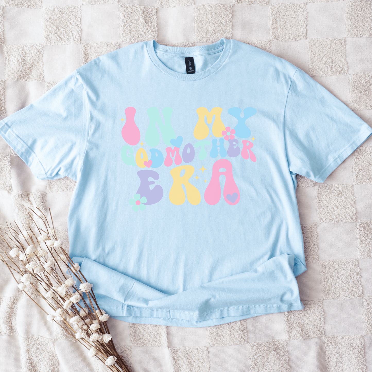 Maddy and George Designs light blue Godmother Announcement Shirt with pastel retro bubble lettering