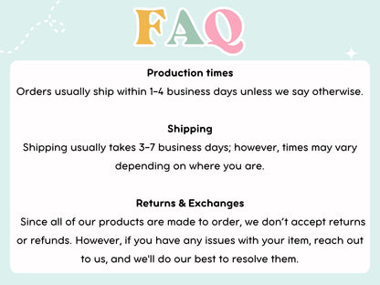 Custom Preppy Christmas Family Shirt FAQ card showing production times shipping and returns policy