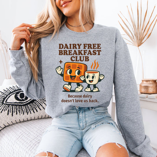 Maddy and George Designs gray sweatshirt with Dairy Free Breakfast Club cartoon print on front Dairy Allergy Sweatshirt