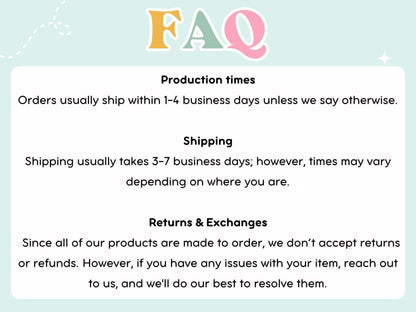 Preppy Merry Christmas Shirt FAQ card showing production times shipping and returns for Maddy and George Designs