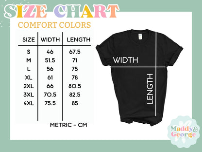 Preppy Merry Christmas Shirt Comfort Colors size chart with black tee showing width and length S to 4XL