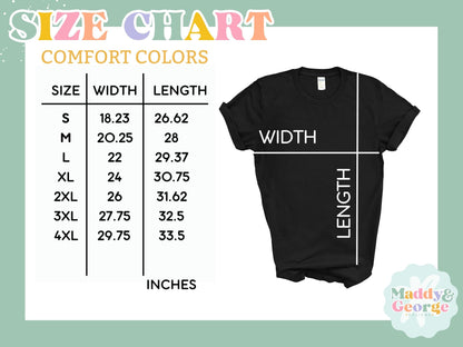 Preppy Merry Christmas Shirt size chart for Comfort Colors showing width and length measurements and black tee