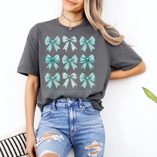 Allergy Awareness Bow Shirt | Teal Ribbon Food Allergy Tee