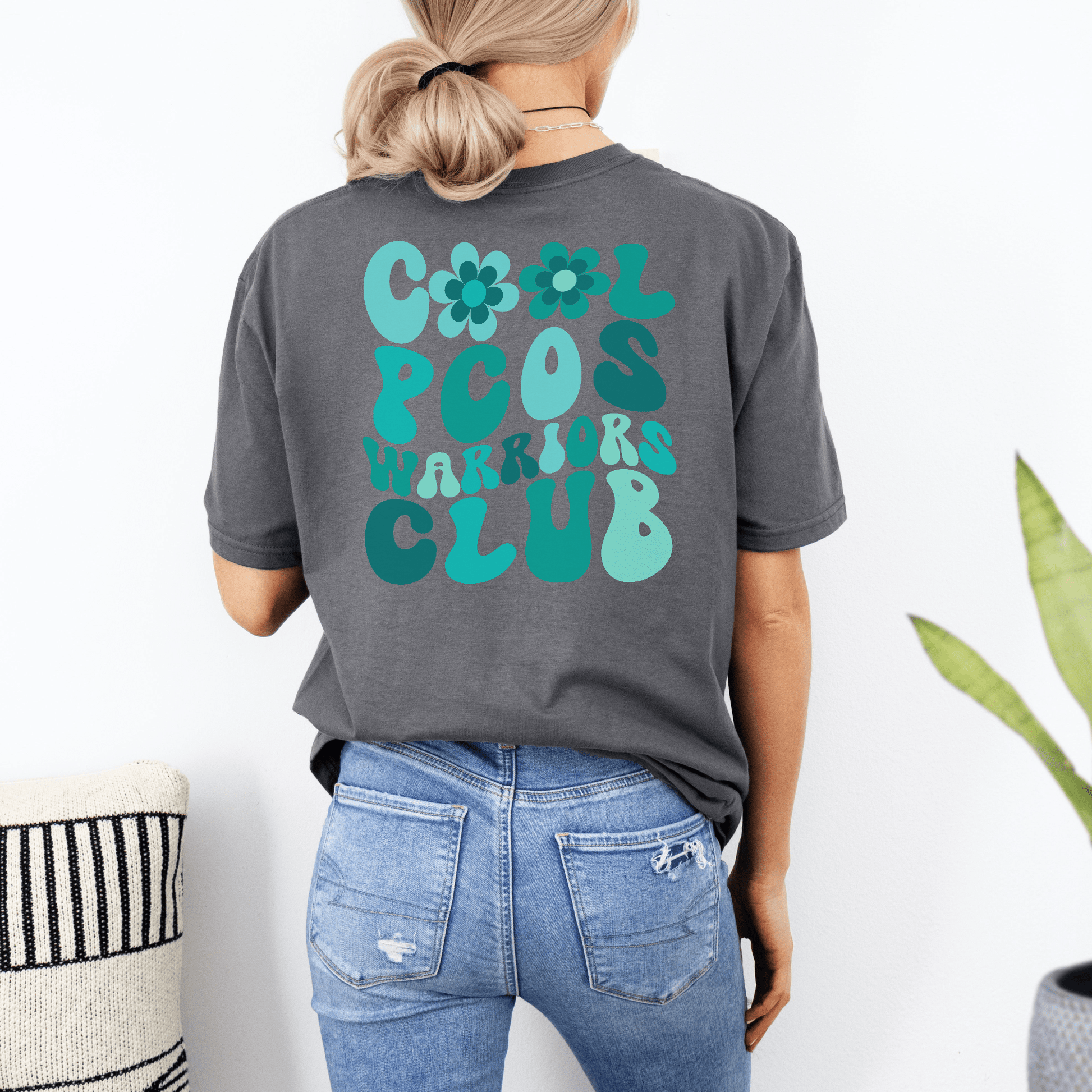 PCOS Awareness Shirt Maddy and George Designs gray tee with teal retro Cool PCOS Warriors Club back print