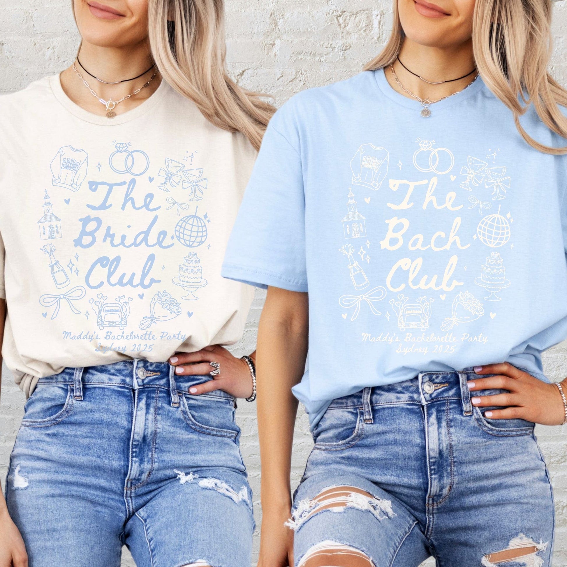 Maddy and George Designs Custom Bachelorette Shirt duo in cream and blue with bridal club print styled with ripped jeans