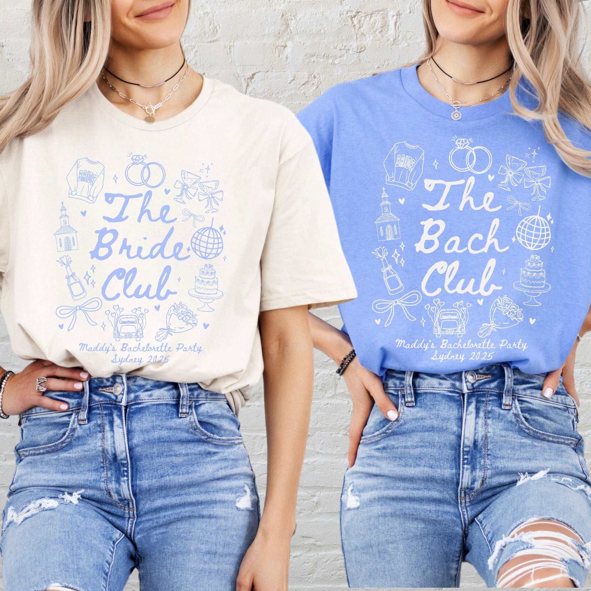 Two women wearing Maddy and George Designs Custom Bachelorette Shirt featuring The Bride Club and The Bach Club prints