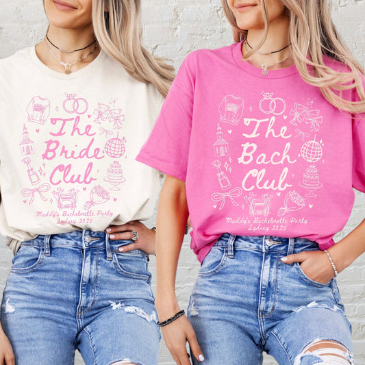 Two women wearing Maddy and George Designs Custom Bachelorette Shirt pink and cream graphic tees with ripped denim jeans