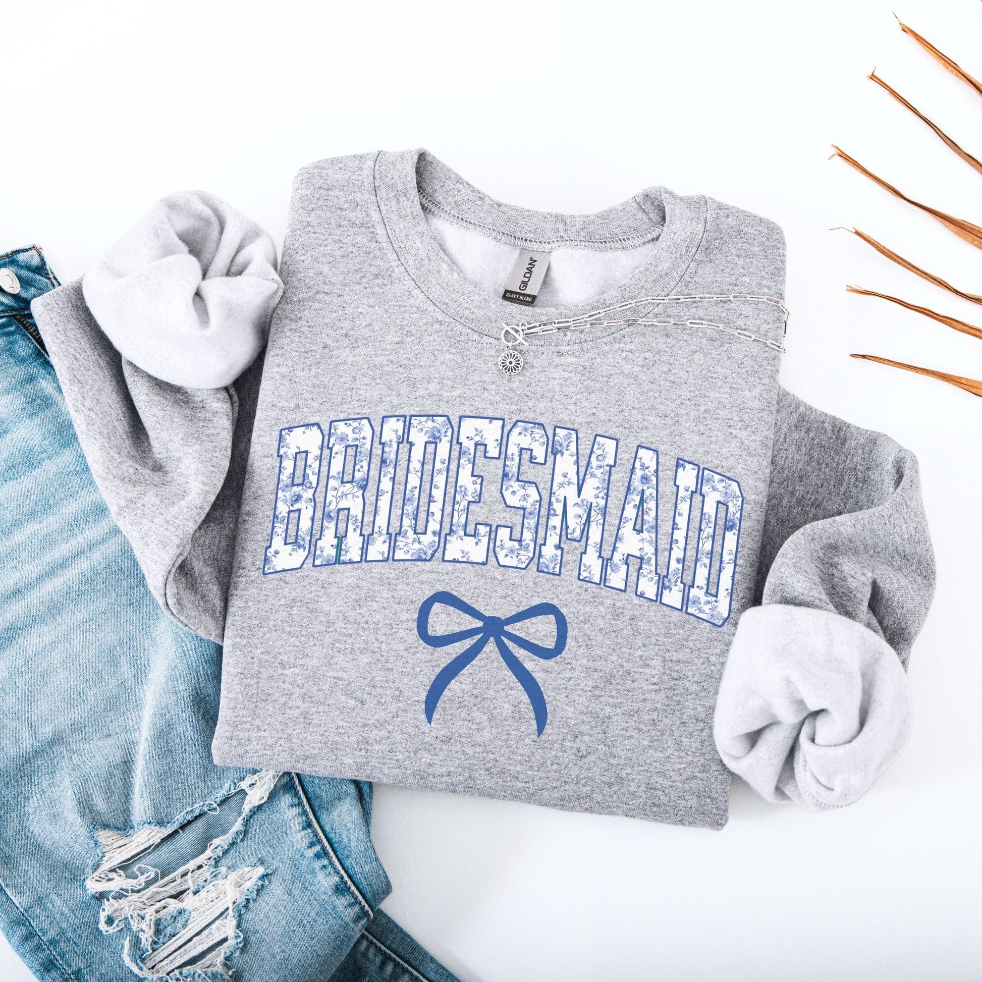 Chinoiserie Bridesmaid Sweatshirt gray crewneck with blue floral varsity style bridesmaid print and bow