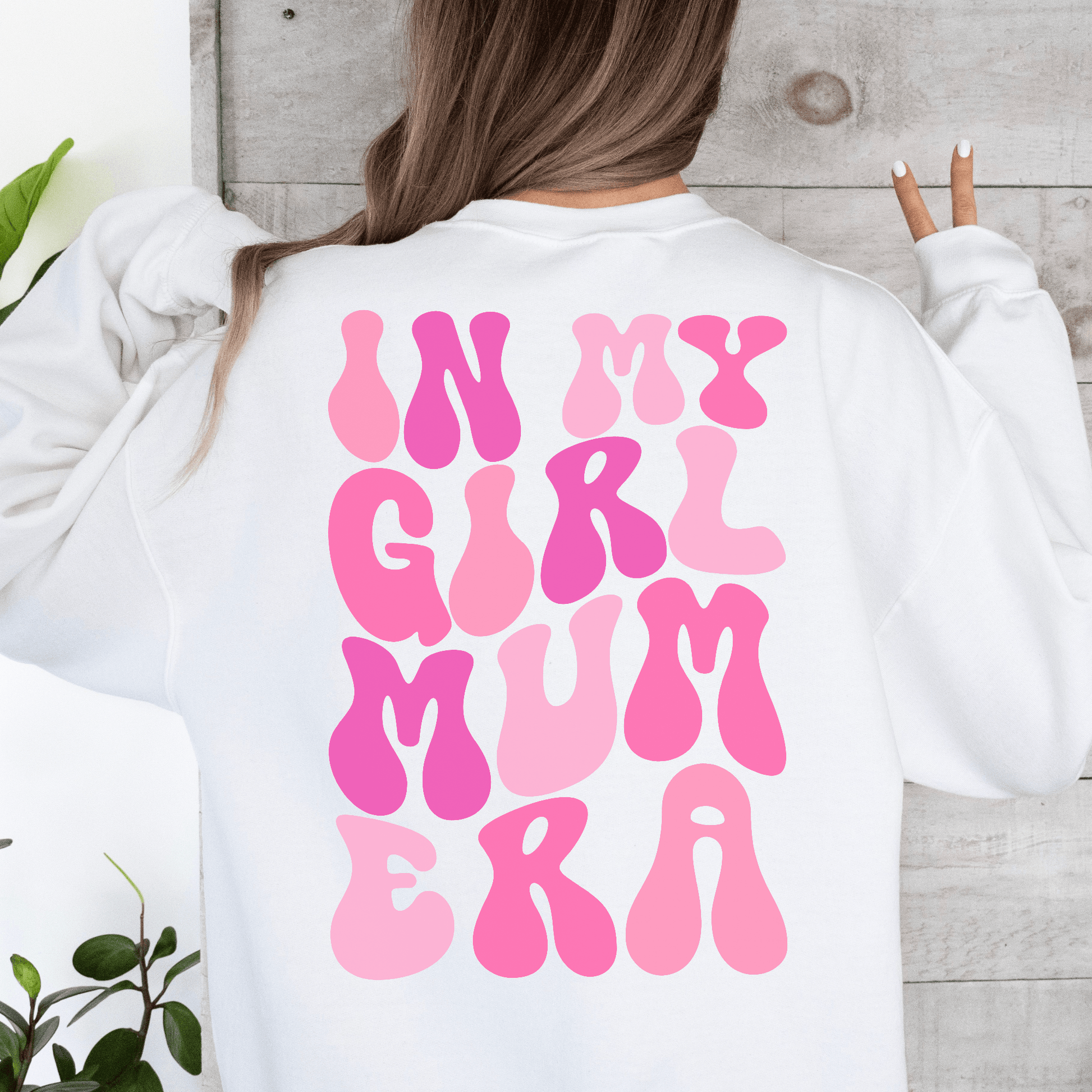 Maddy and George Designs white sweatshirt with pink retro bubble text on back In My Girl Mum Era Sweatshirt