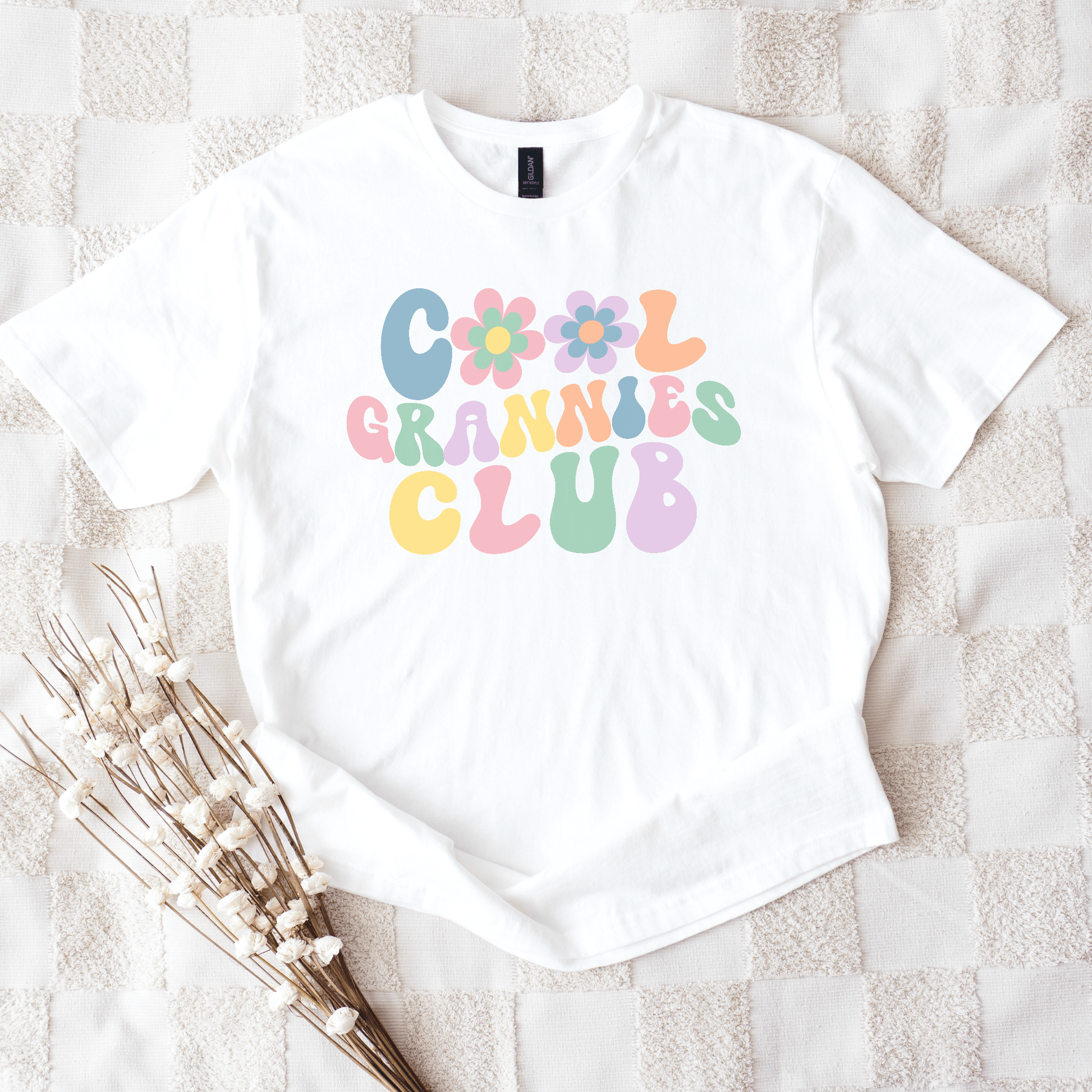 Cool Grannies Club Shirt white tee with pastel retro floral bubble letters by Maddy and George Designs