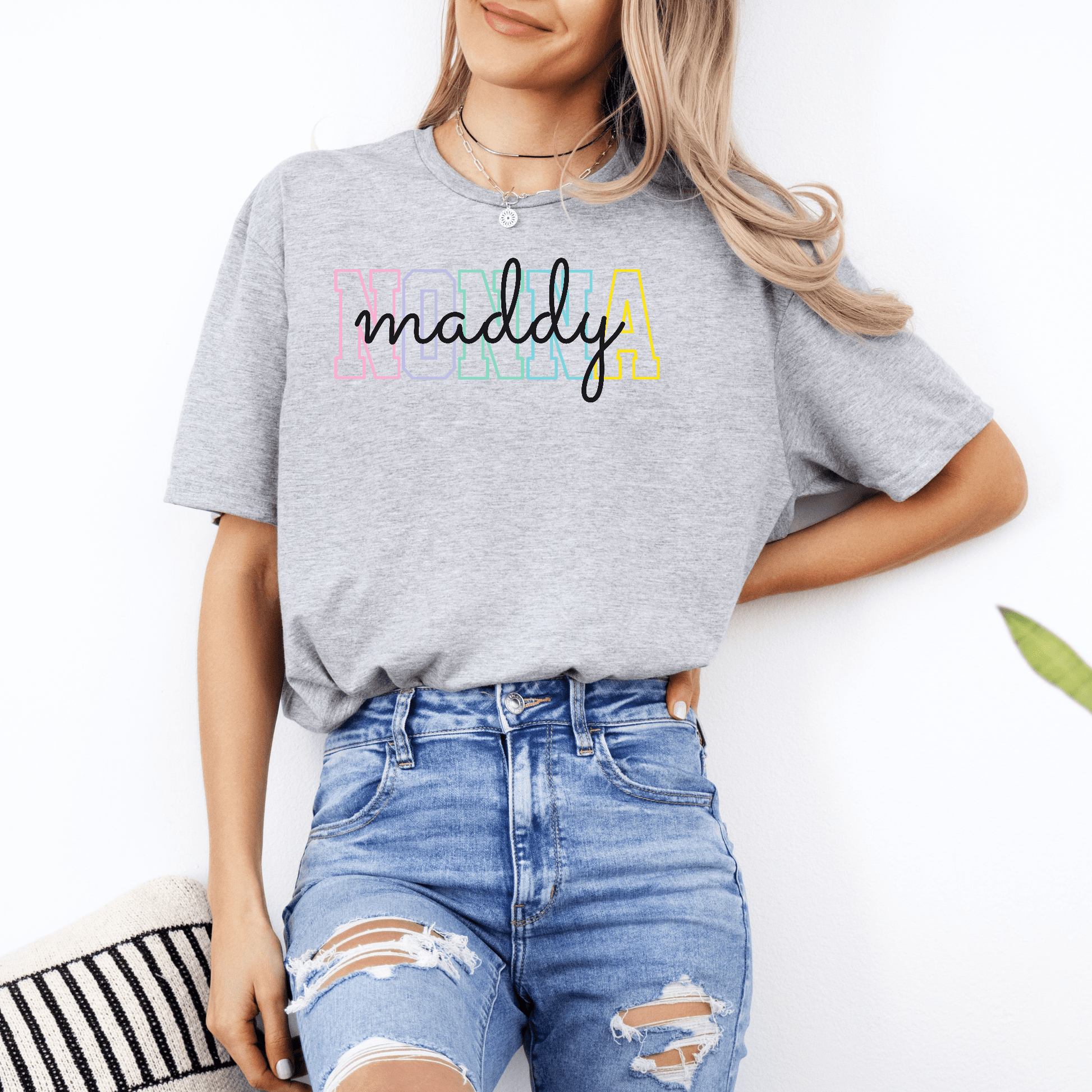 Custom Nonna Shirt gray crewneck tee with colorful maddy script design on woman styled with ripped jeans