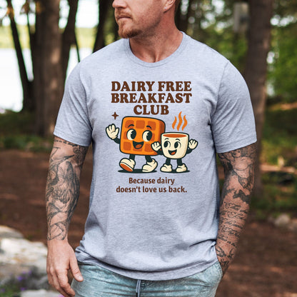 Maddy and George Designs Dairy Allergy Shirt . Heather gray tee with Dairy Free Breakfast Club cartoon toast and coffee slogan