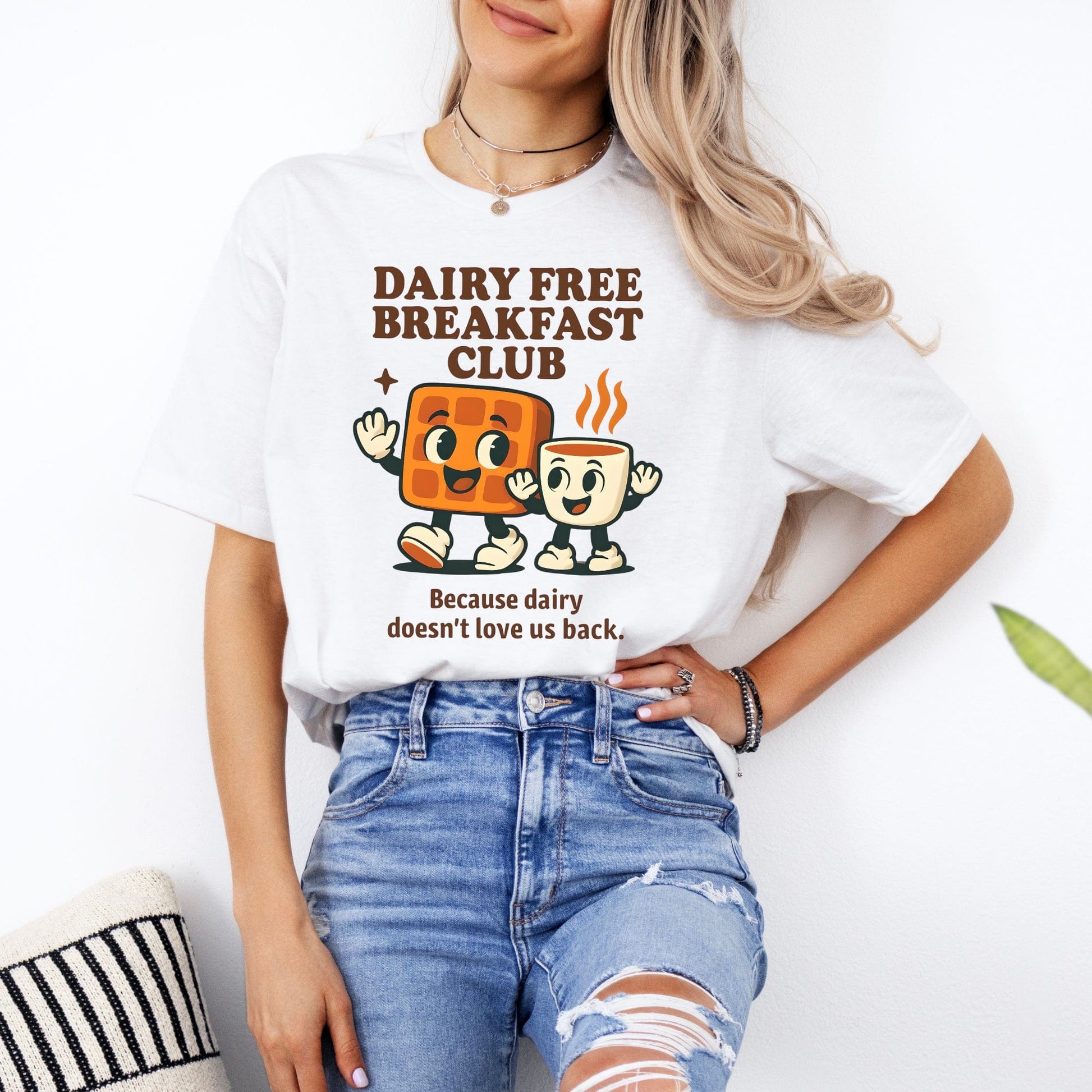 Dairy Allergy Shirt Maddy and George Designs white tee with Dairy Free Breakfast Club toast and coffee graphic