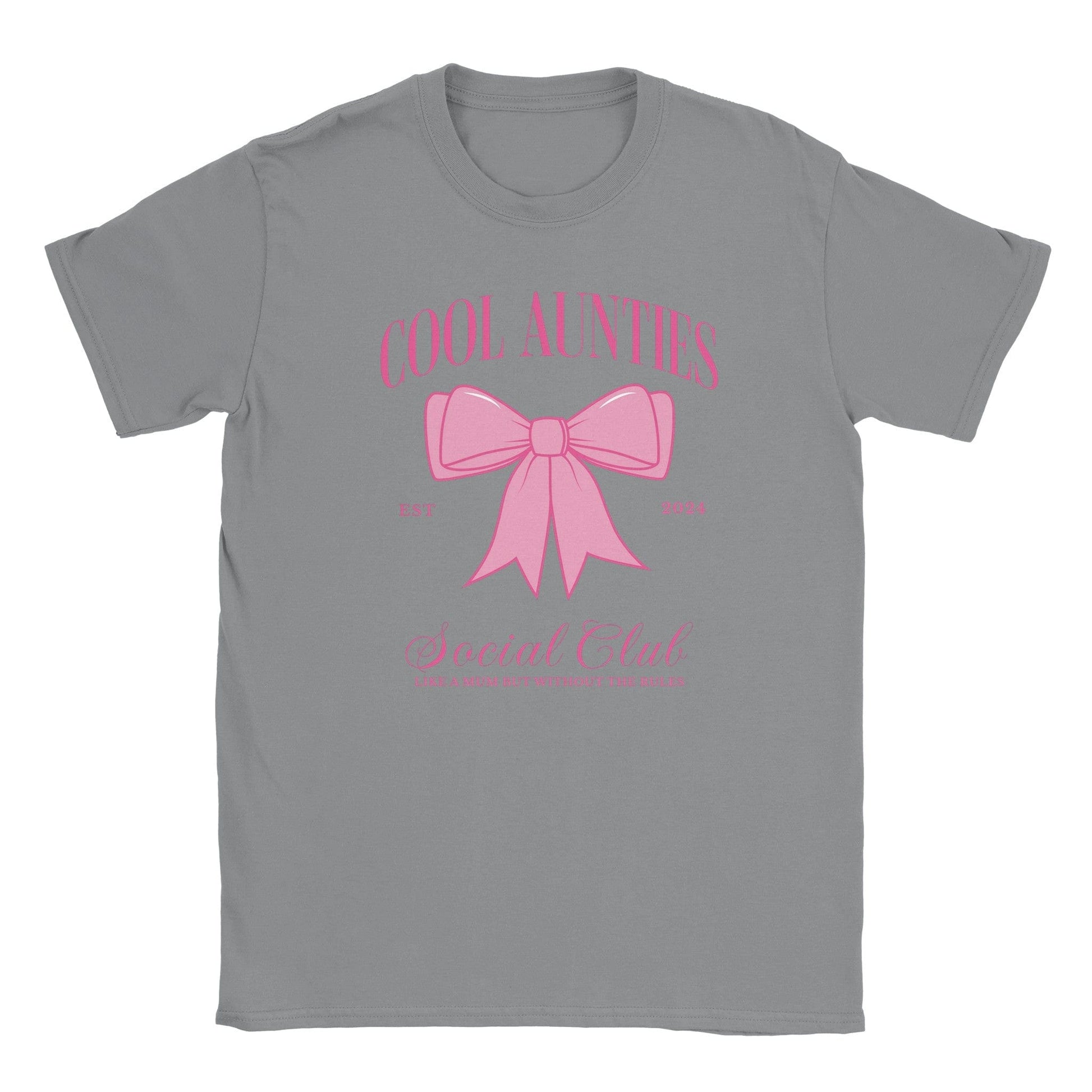 Custom Cool Aunties Club Shirt gray tee with large pink bow and Cool Aunties Social Club text design