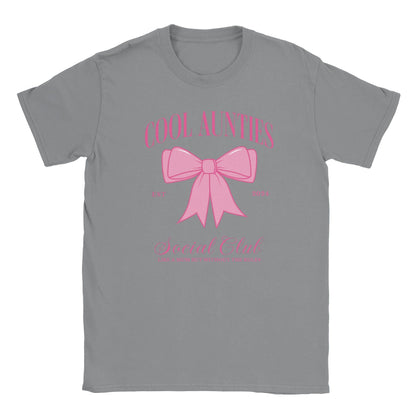 Custom Cool Aunties Club Shirt gray tee with large pink bow and Cool Aunties Social Club text design