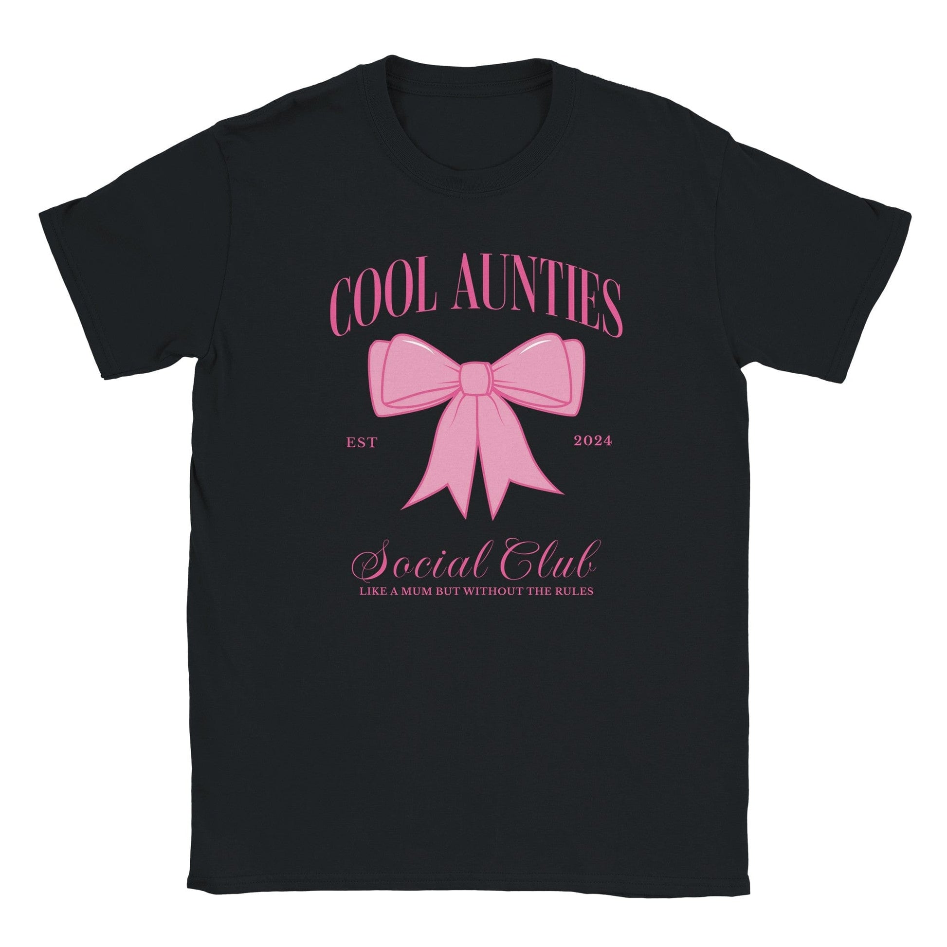 Custom Cool Aunties Club Shirt black tee with pink bow and vintage script by Maddy and George Designs