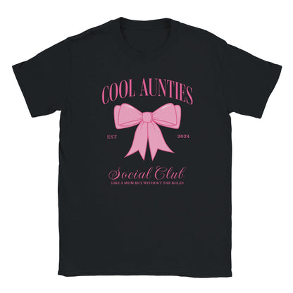 Custom Cool Aunties Club Shirt black tee with pink bow and vintage script by Maddy and George Designs