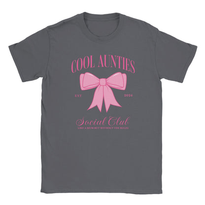 Custom Cool Aunties Club Shirt by Maddy and George Designs gray tee with pink bow graphic and Social Club text