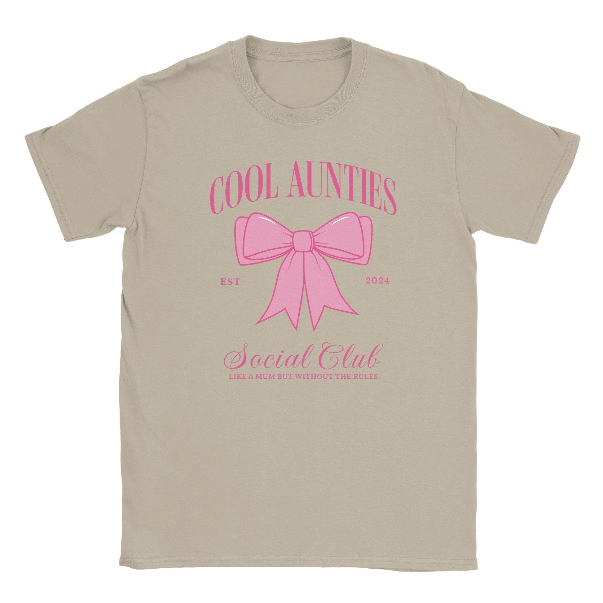 Custom Cool Aunties Club Shirt beige tee by Maddy and George Designs with pink bow and script text