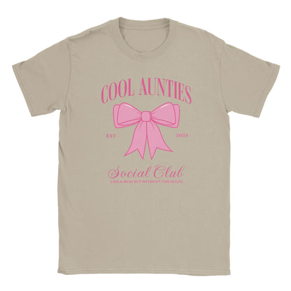Custom Cool Aunties Club Shirt beige tee by Maddy and George Designs with pink bow and script text