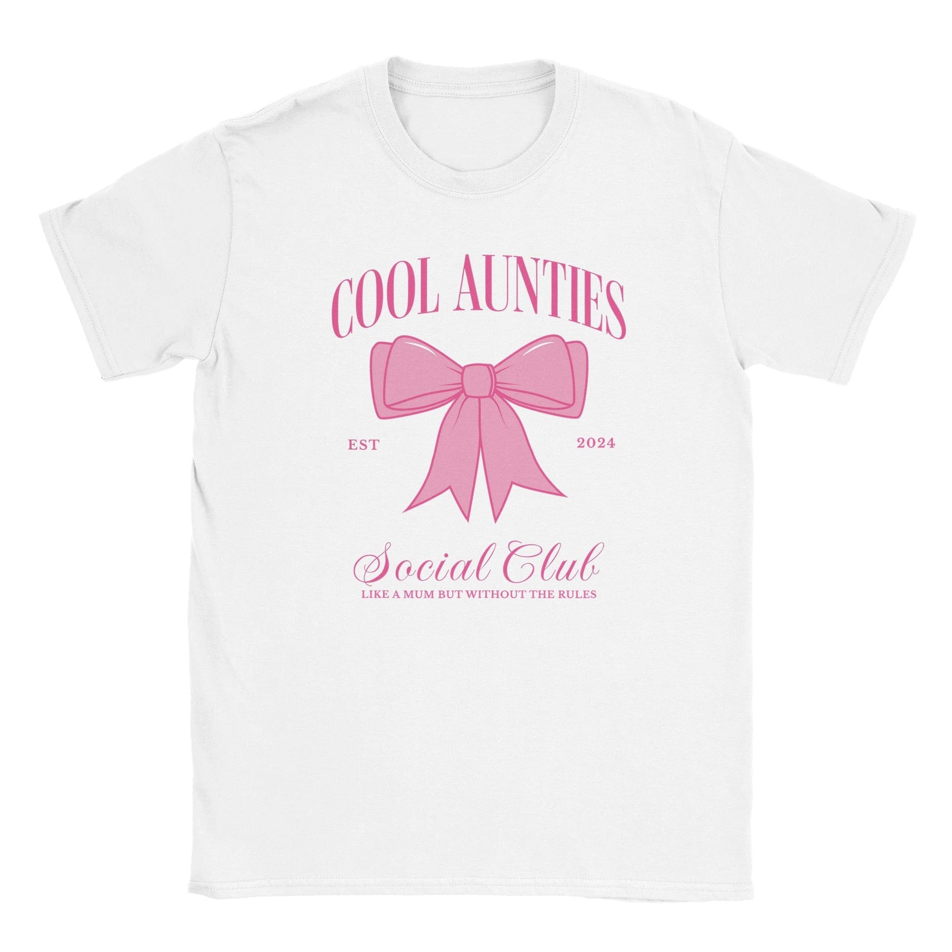 Custom Cool Aunties Club Shirt white tee with pink bow graphic and Social Club script design by Maddy and George Designs