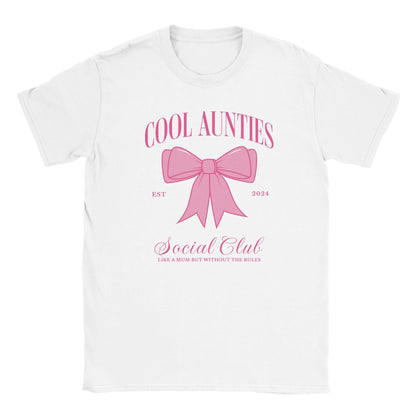 Custom Cool Aunties Club Shirt white tee with pink bow graphic and Social Club script design by Maddy and George Designs