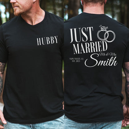 Hubby & Wifey Custom Wedding Tee black tee showing front HUBBY print and back JUST MARRIED with rings and custom surname