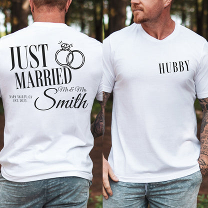 Hubby & Wifey Custom Wedding Tee by Maddy & George Designs white shirt with JUST MARRIED back print and HUBBY front