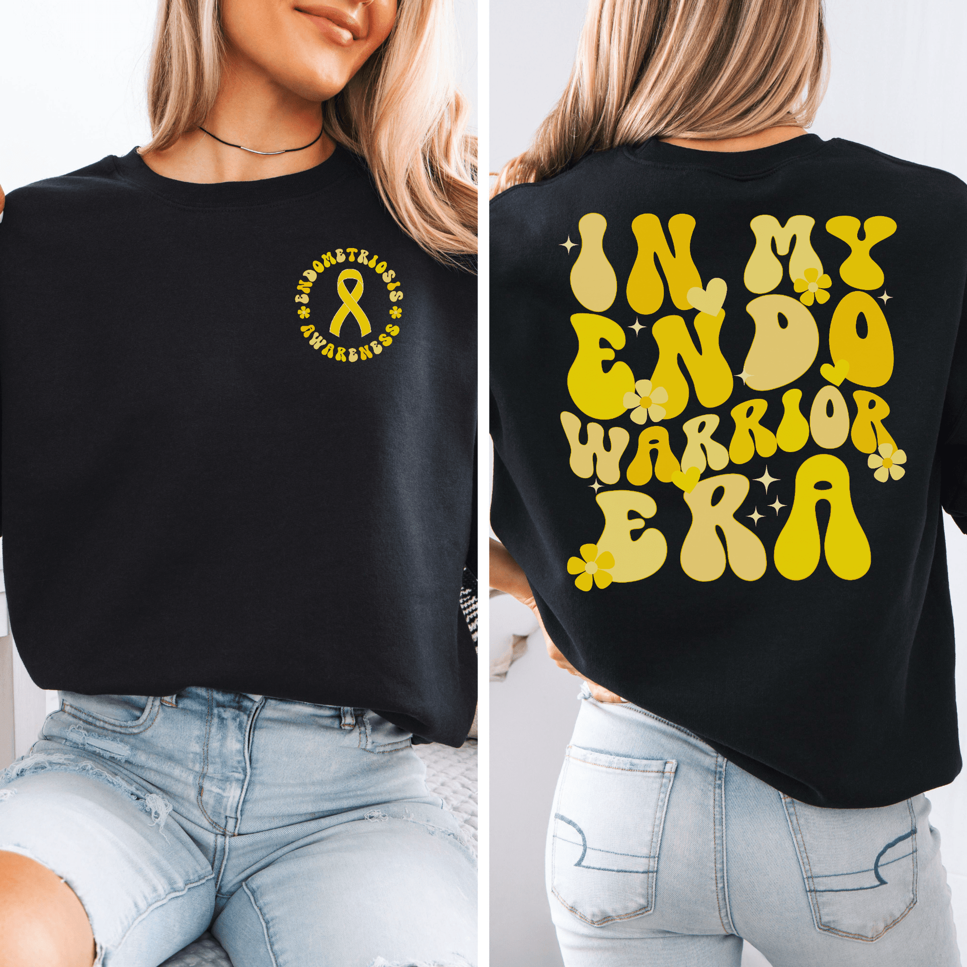 Black Maddy and George Designs sweatshirt with yellow ribbon and bold back print In My Endo Warrior Era Sweatshirt