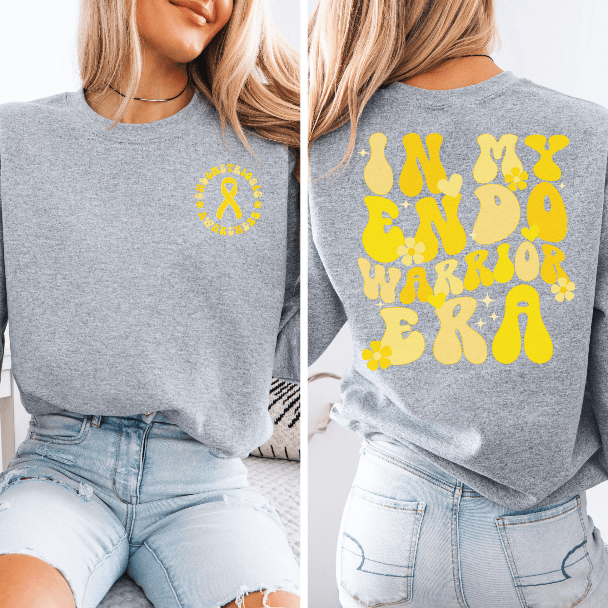 Gray Maddy and George Designs sweatshirt with yellow retro floral back print and chest ribbon In My Endo Warrior Era Sweatshirt