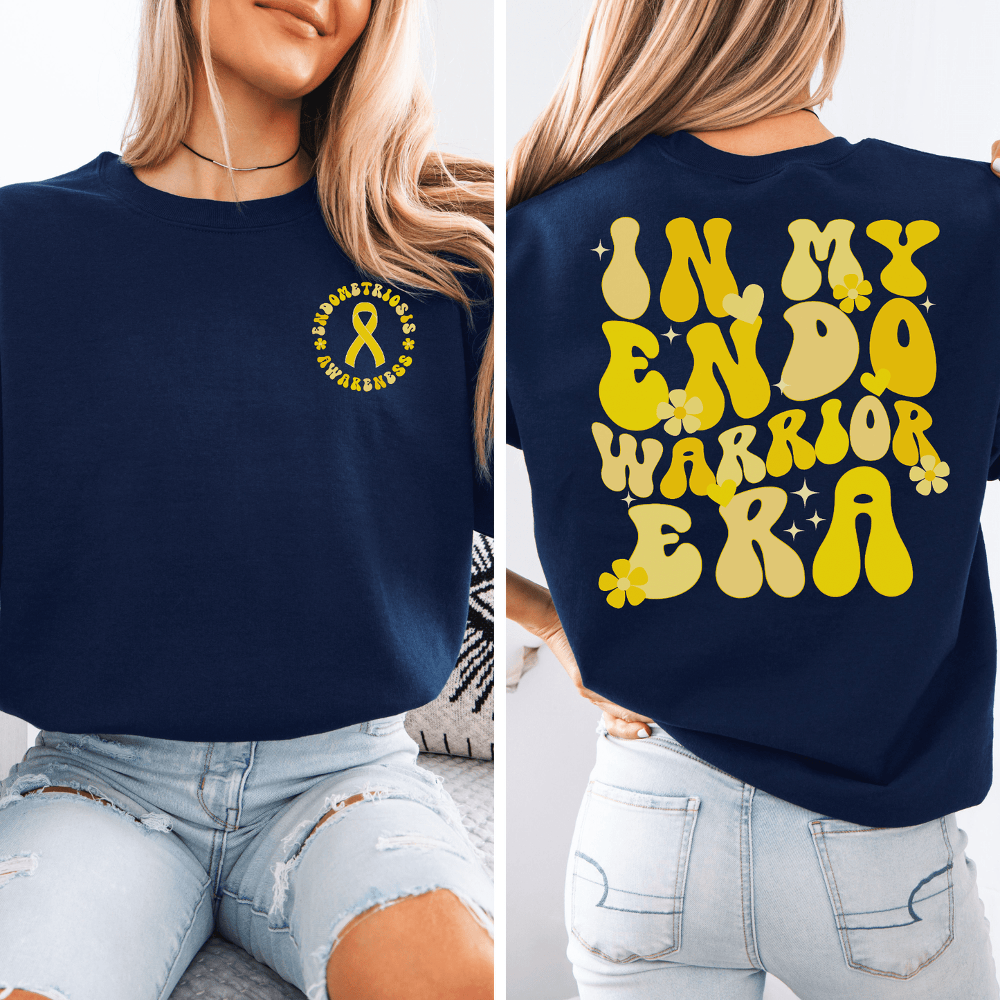 Navy sweatshirt with yellow ribbon chest logo and retro back print reading In My Endo Warrior Era Sweatshirt