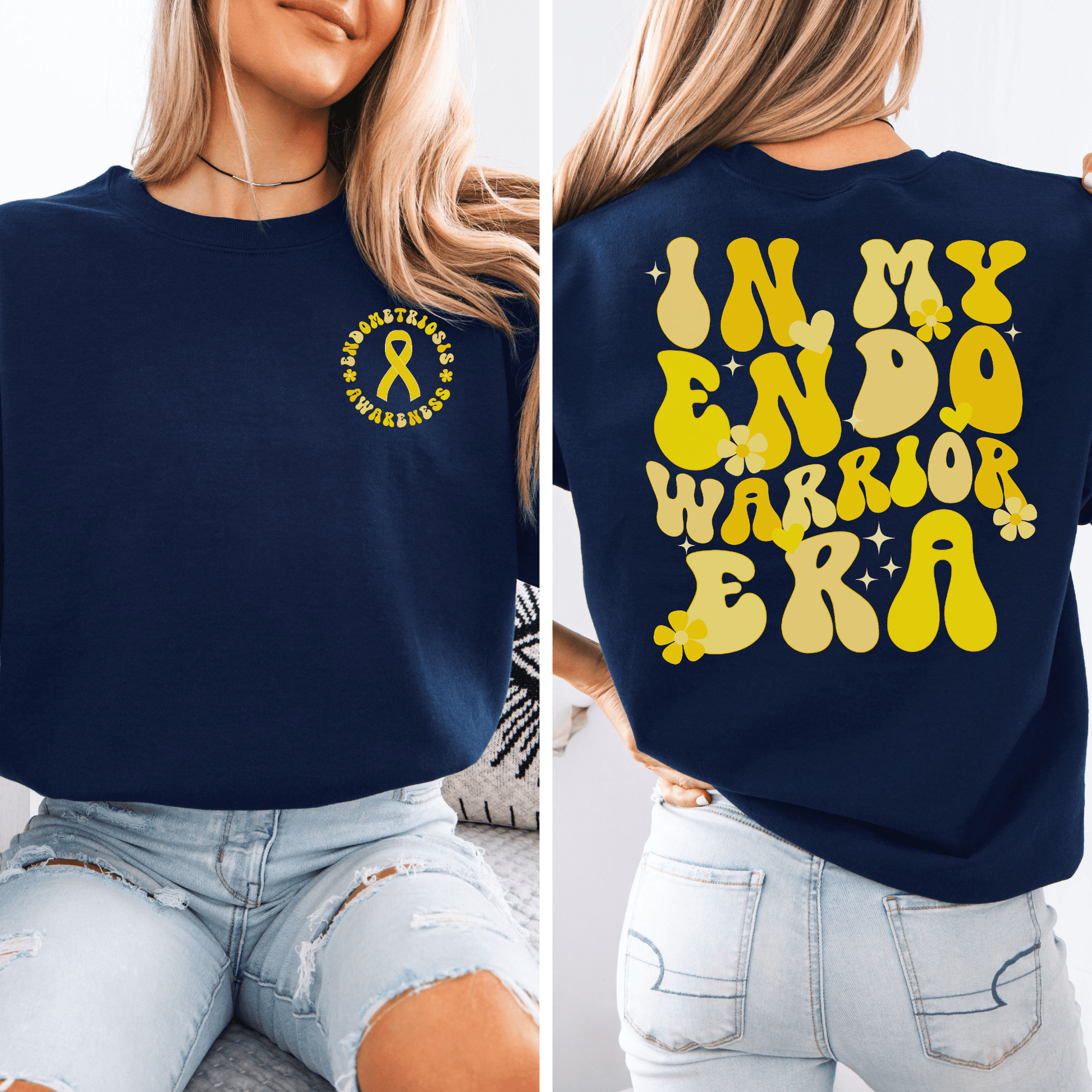 Navy sweatshirt with yellow ribbon chest logo and retro back print reading In My Endo Warrior Era Sweatshirt