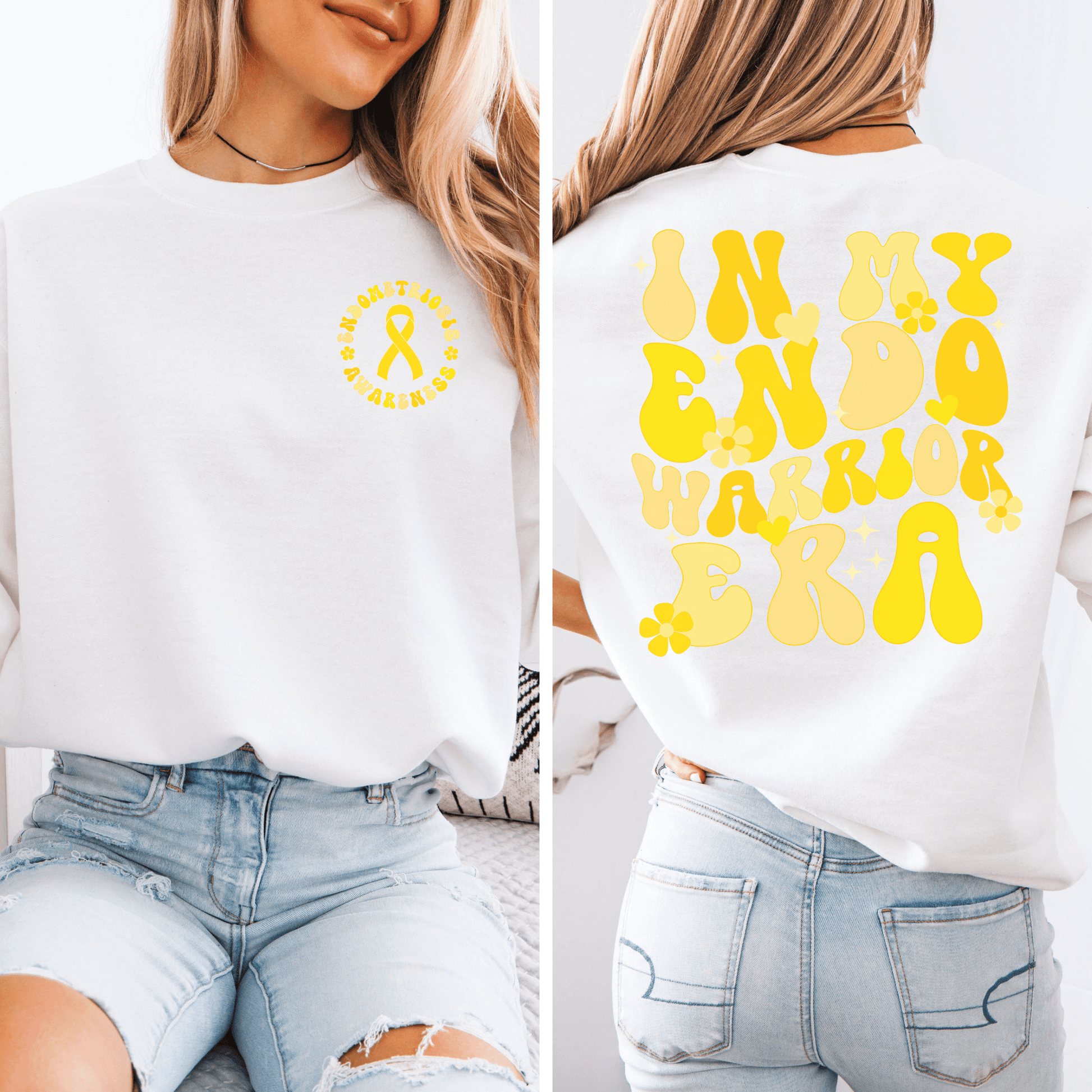 White sweatshirt by Maddy and George Designs with yellow ribbon chest logo and bold back print In My Endo Warrior Era Sweatshirt