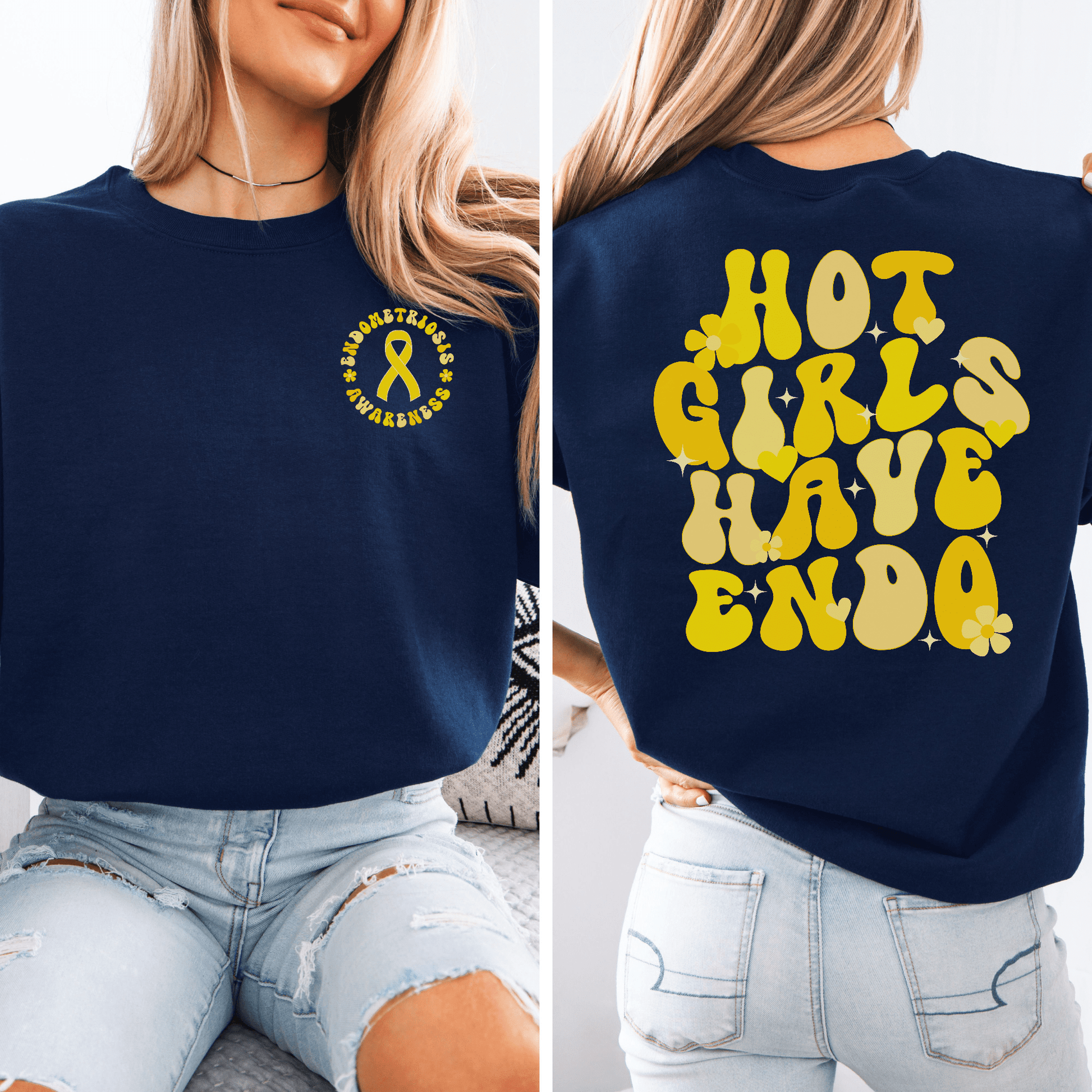 Hot Girls Have Endo Sweatshirt navy crewneck with small yellow endometriosis ribbon on front and bold retro back print on model