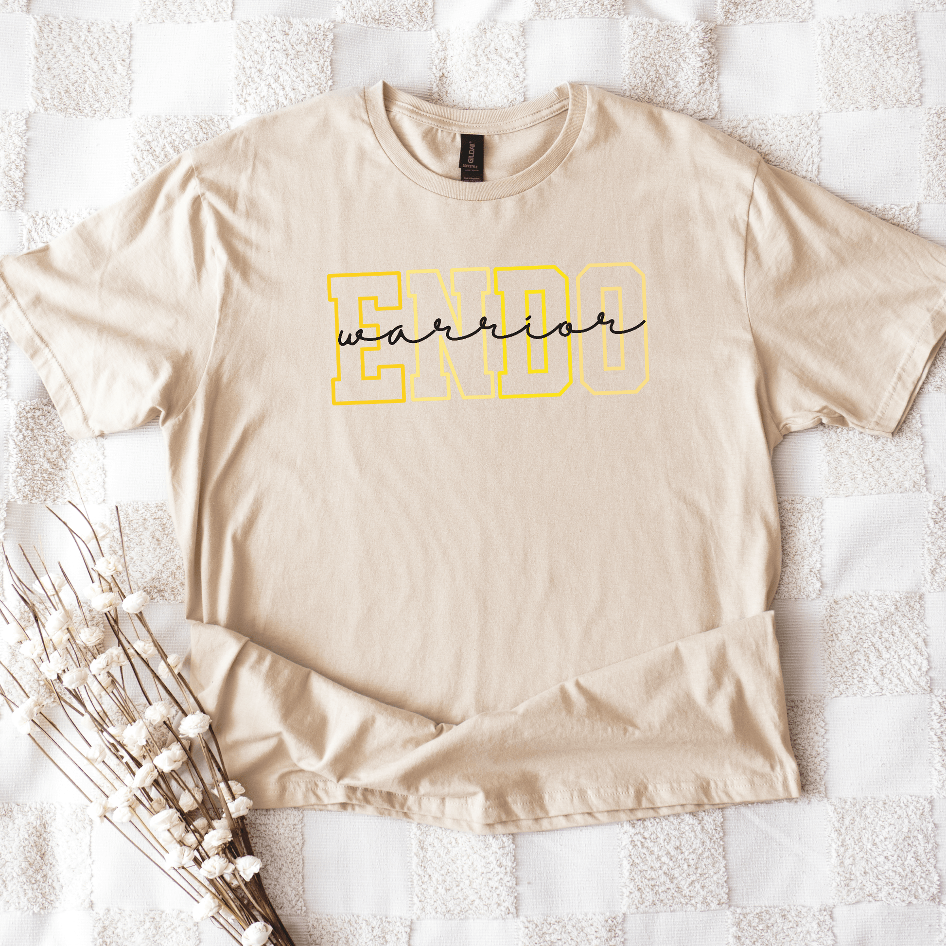 Endometriosis Awareness Shirt | Gift For Endo Warrior beige tee with yellow ENDO outline and cursive warrior